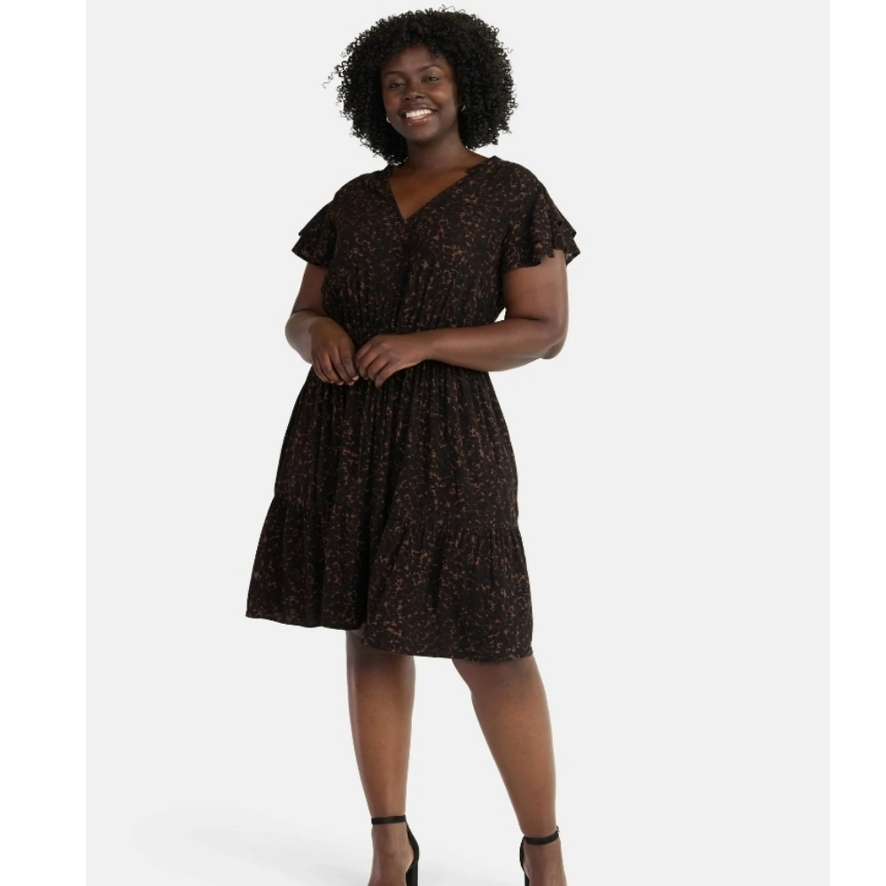 (3/$25) Terra & Sky Brown Animal Print Midi Dress | Patterned with Pockets 1X